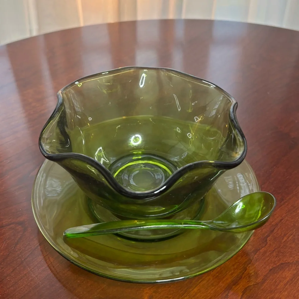 Vintage 70s Green Glass Bowl Plate Serving Spoon Set 1970s Fluted Ribbon Rim MCM